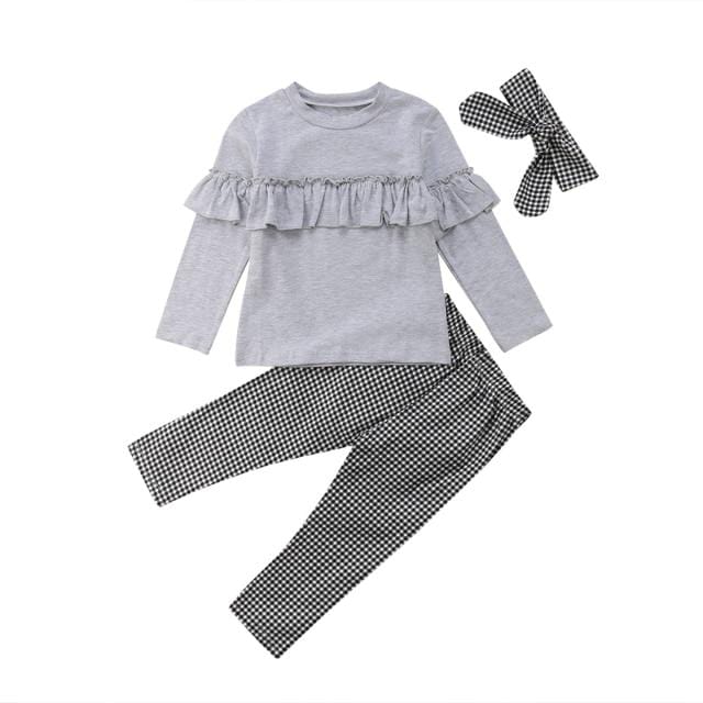 3Pcs Set Toddler Girls  Ruffle Long Sleeve Tops + Plaid Pants Leggings +headband 3Pcs