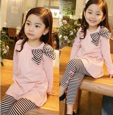 2pcs Toddlers Girls Top with Bow+Striped leggings Sets