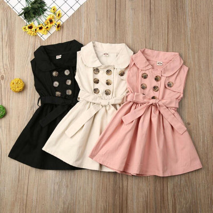 Toddler Girls Retro Sleeveless Double-Breasted Belt Buckle Windbreakers  Dress 1-6Y