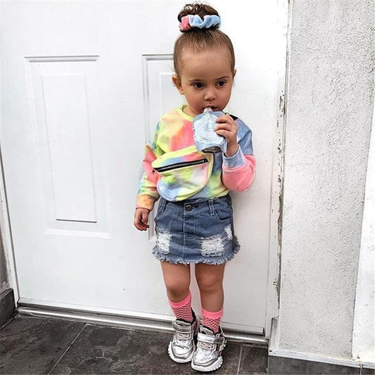 2pcs Toddler Sets Print Long Sleeve T Shirts Tops + Denim Skirts 2pcs  Outfits