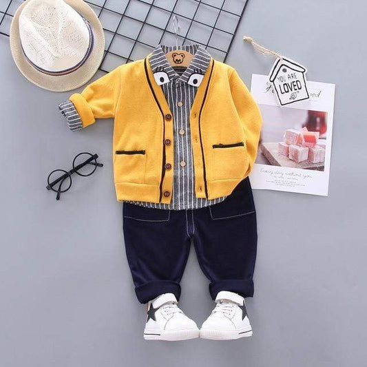 3Pcs Toddler Cotton Outfit  Button Strip- T Shirts + Jacket + Pants