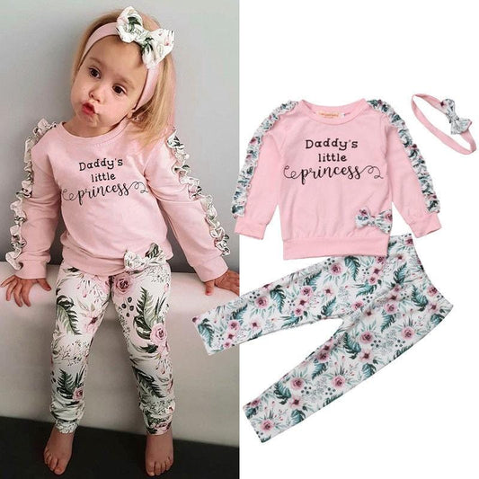 3PCS Toddler Girls Ruffles Long Sleeve Floral T-shirt + Pants+ Headband Outfits