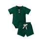 2pcs/set Cotton Toddler Short Sleeve Ribbed Solid Bodysuits +Elastic Shorts