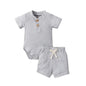 2pcs/set Cotton Toddler Short Sleeve Ribbed Solid Bodysuits +Elastic Shorts