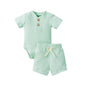 2pcs/set Cotton Toddler Short Sleeve Ribbed Solid Bodysuits +Elastic Shorts