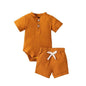 2pcs/set Cotton Toddler Short Sleeve Ribbed Solid Bodysuits +Elastic Shorts