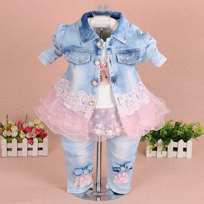 3Pcs Toddler Girl Clothes Sets - Lace Denim Jacket + T-shirt +Jeans