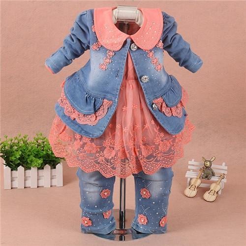 3Pcs Toddler Girl Clothes Sets - Lace Denim Jacket + T-shirt +Jeans