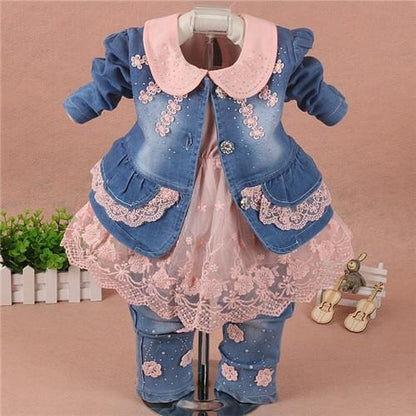 3Pcs Toddler Girl Clothes Sets - Lace Denim Jacket + T-shirt +Jeans