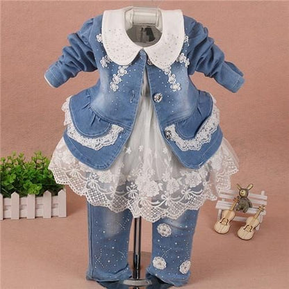 3Pcs Toddler Girl Clothes Sets - Lace Denim Jacket + T-shirt +Jeans