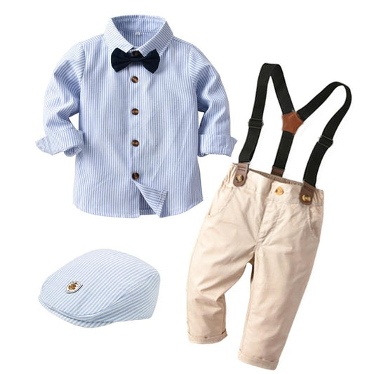 5 Pcs Toddler  Boys Set with Hat Striped Long-Sleeves Dress Shirt + Tie + Pants + Straps