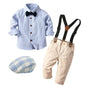 5 Pcs Toddler  Boys Set with Hat Striped Long-Sleeves Dress Shirt + Tie + Pants + Straps