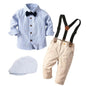 5 Pcs Toddler  Boys Set with Hat Striped Long-Sleeves Dress Shirt + Tie + Pants + Straps