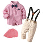 5 Pcs Toddler  Boys Set with Hat Striped Long-Sleeves Dress Shirt + Tie + Pants + Straps