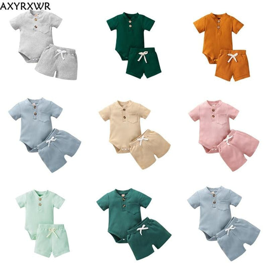 2pcs/set Cotton Toddler Short Sleeve Ribbed Solid Bodysuits +Elastic Shorts