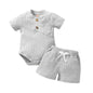 2pcs/set Cotton Toddler Short Sleeve Ribbed Solid Bodysuits +Elastic Shorts