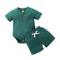 2pcs/set Cotton Toddler Short Sleeve Ribbed Solid Bodysuits +Elastic Shorts