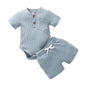 2pcs/set Cotton Toddler Short Sleeve Ribbed Solid Bodysuits +Elastic Shorts