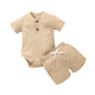 2pcs/set Cotton Toddler Short Sleeve Ribbed Solid Bodysuits +Elastic Shorts