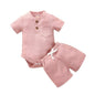 2pcs/set Cotton Toddler Short Sleeve Ribbed Solid Bodysuits +Elastic Shorts