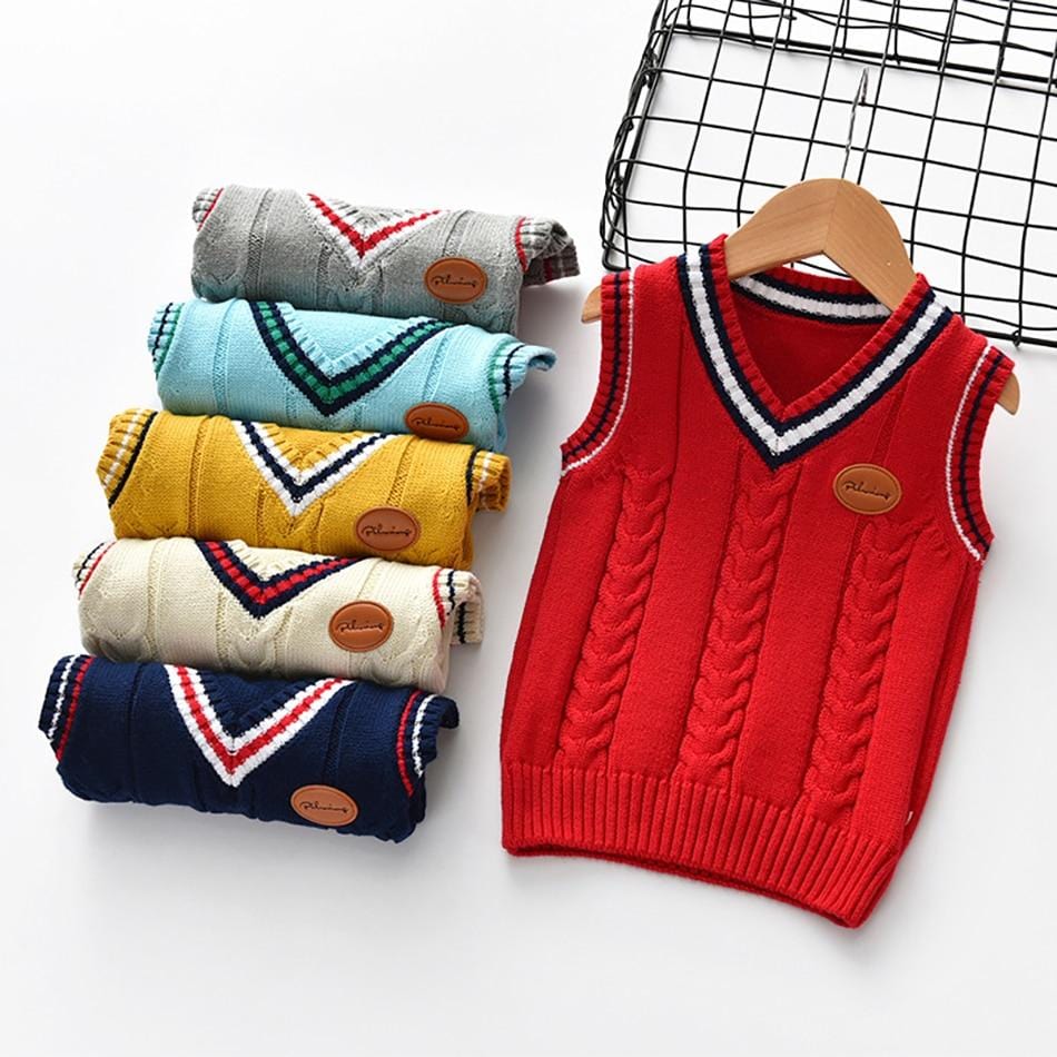 Toddler Boys 100% Cotton Knitted V-Neck Sleeveless Boys Sweater - School Uniform