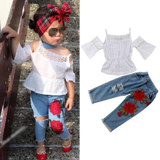 Toddler Girl Ruffle Shirt + Denim Floral Pants Jeans Outfit 1-6T